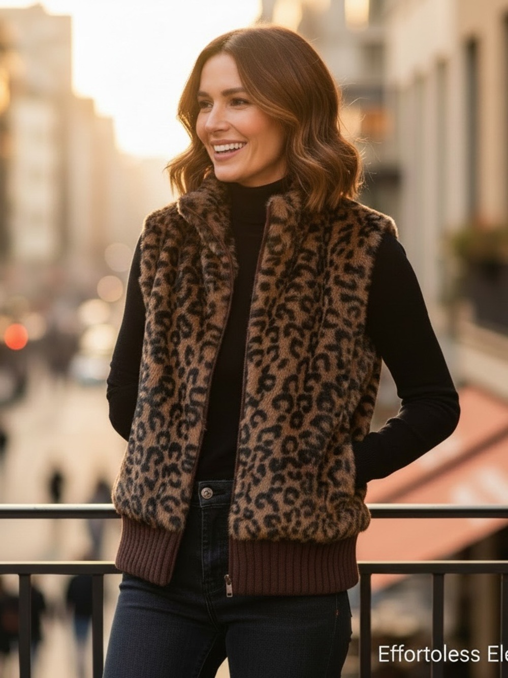 Vintage Heirloom Collectibles Faux Fur Vest Leopard Sz L Sweater Brown Black Tan